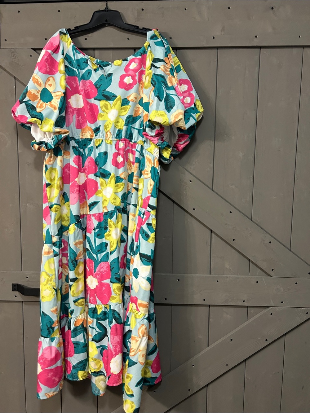 Floral Puff-Sleeve Maxi Dress in Aqua with Pink & Yellow Blooms